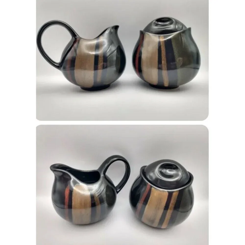 Sango Avanti Black #4721 Creamer & Sugar Bowl with Lid‎ Ceramic Pottery Set NWOT